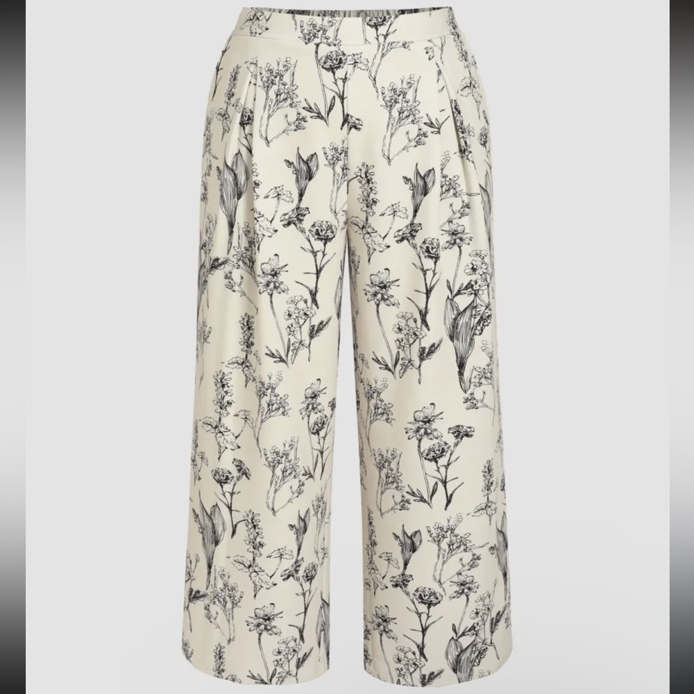 XL Cider Pocketed Floral Straight Leg Trousers Black and Cream